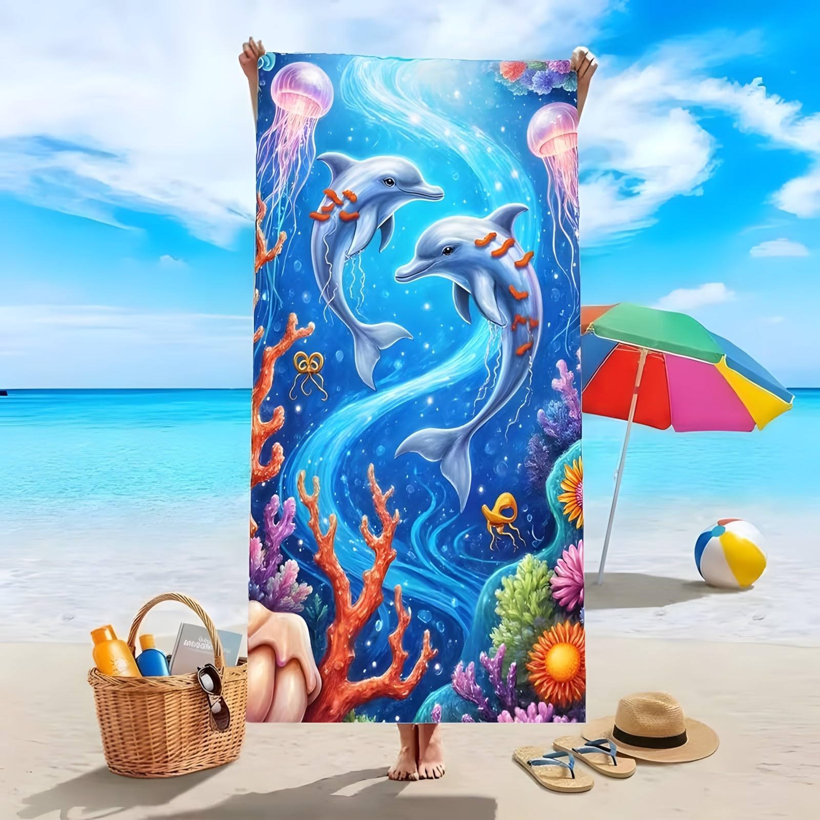 YZQGLHP Dolphins Microfibre Beach Towel Seaweed Beach Bath Towel Quick Drying, Lightweight, Sand-Free, Durable, for Pool, Gym, Camping, Travel Towel 70x130cm