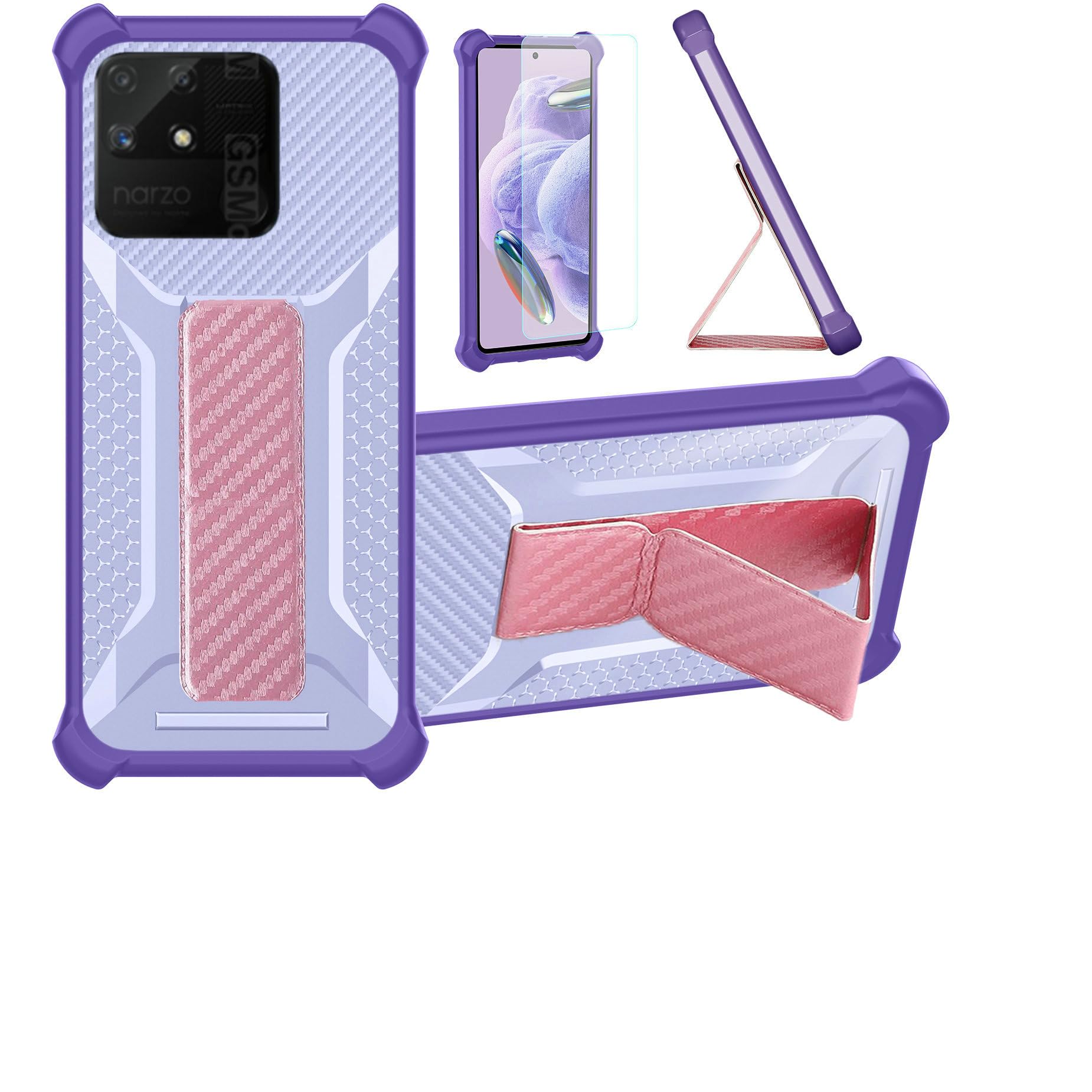 Case for Realme Narzo 50A Phone Case Stand Cover [with Tempered Glass Screen Protector] Hybrid Case [Folding Support Magnetic] [Frosted Anti-Fingerprint] Purple