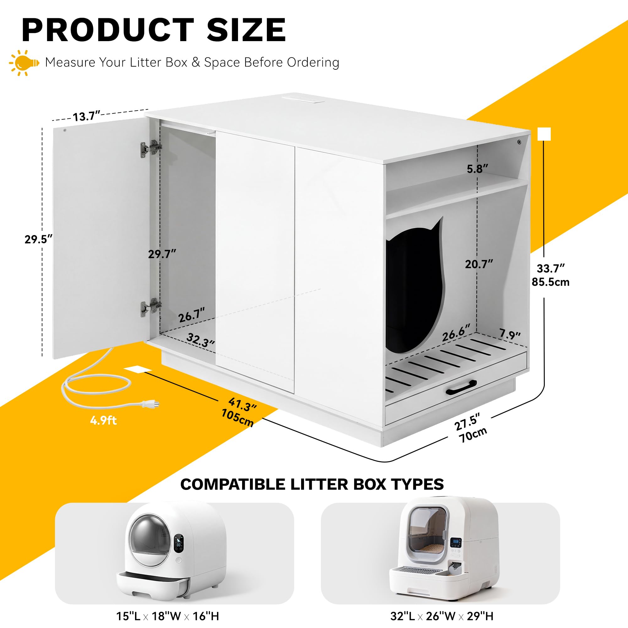 Large Hidden Litter Box Furniture with Led Light & Power Outlets, Modern Cat Litter-Box Enclosure for Self-Cleaning Litter Boxes, Indoor Wooden Storage Cat Cabinet, High-Gloss White - image 4