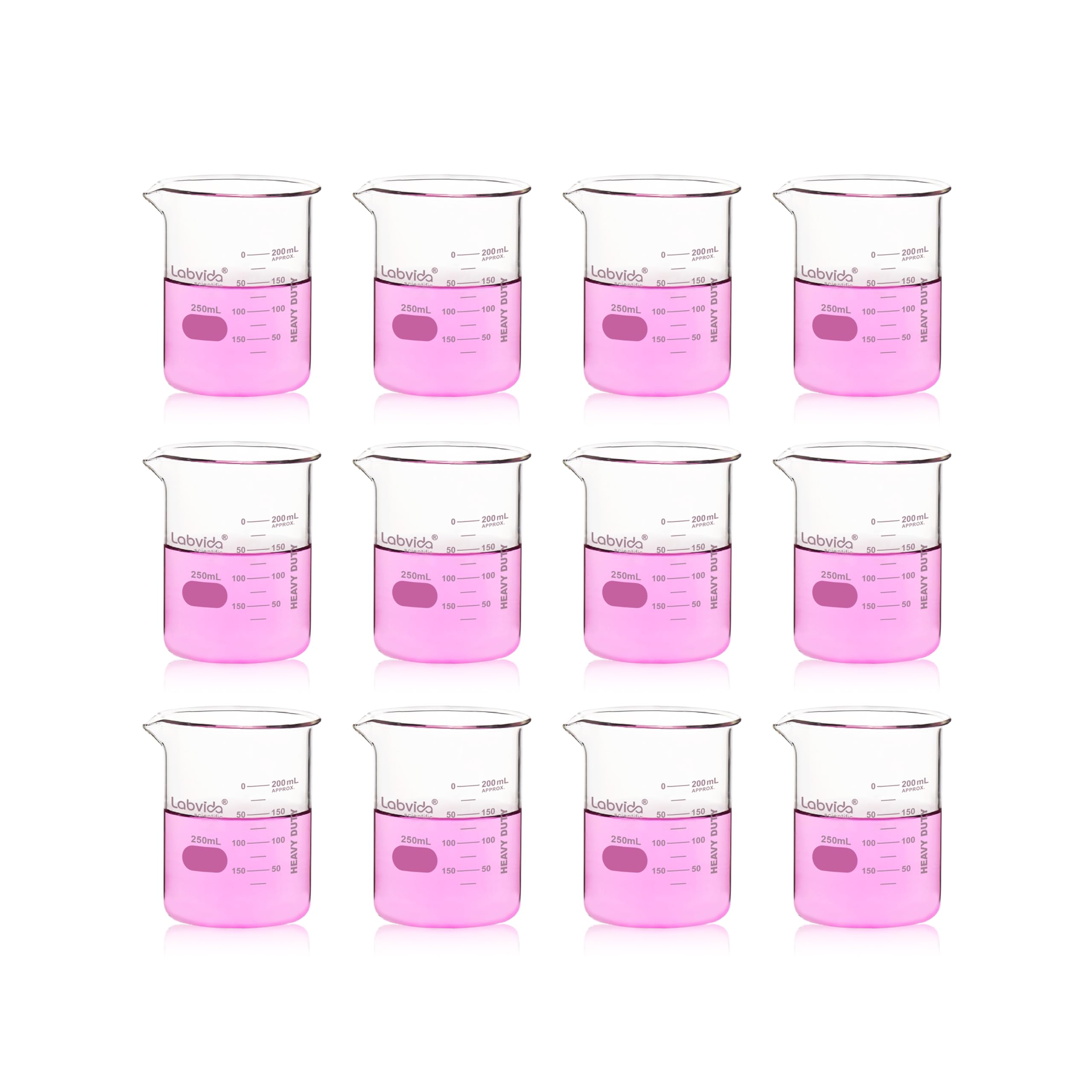 Griffin LVA023 Lot de 12 béchers en verre Forme basse 250 ml Borosilicate 3.3 avec graduation imprimée