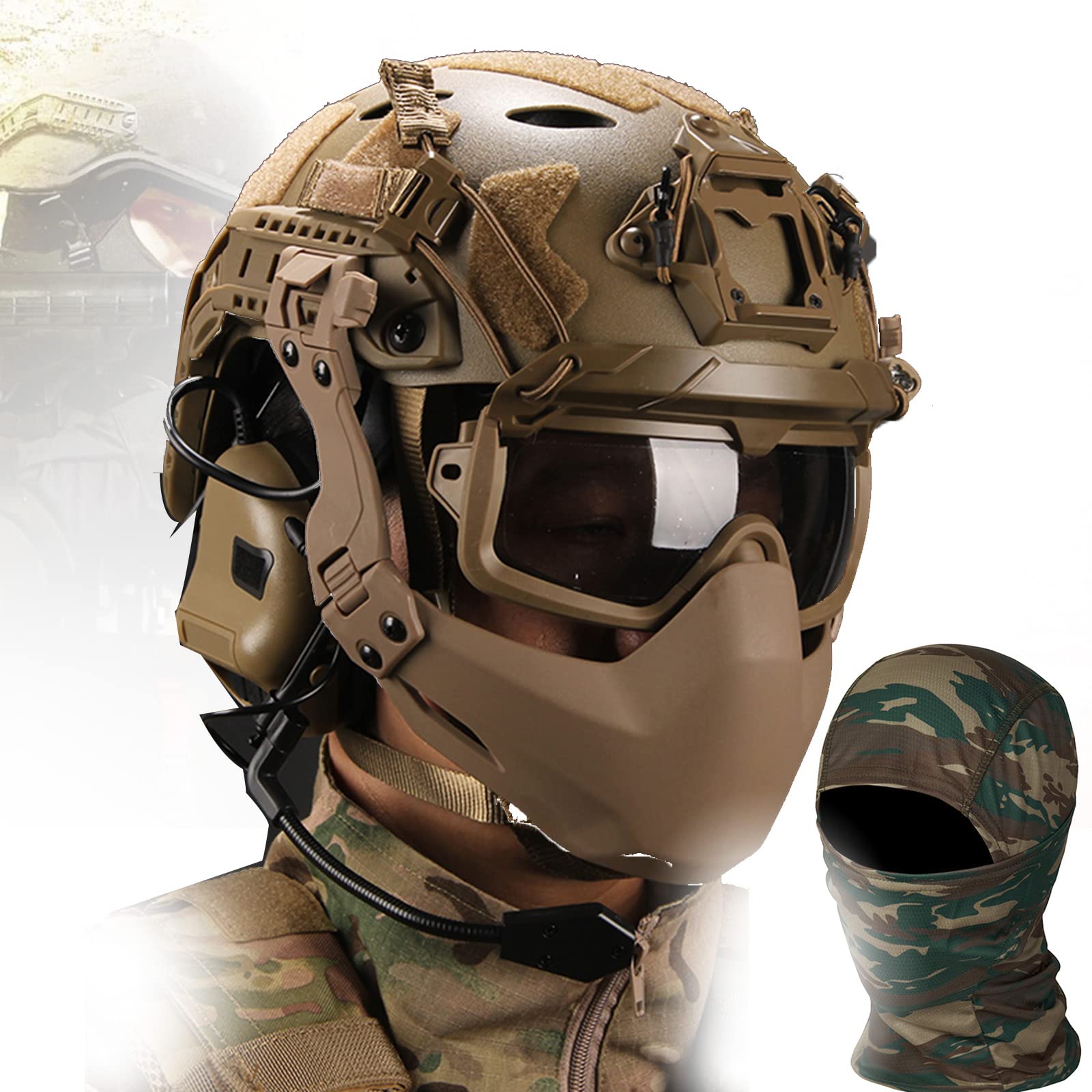 Fast Airsoft tactische helm, Airsoft Paintball militaire helm met volgelaatsbeschermend masker Ingebouwde HD-headsetbril en anti-condensventilator Verstelbare outdooruitrusting,Groen