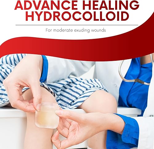 Miniatura 6 de Healqu Apósito hidrocoloide para heridas  4 x 4 pulgadas de grosor  Caja de 10 vendas grandes  Parches hidrocoloides con borde esterilizado para