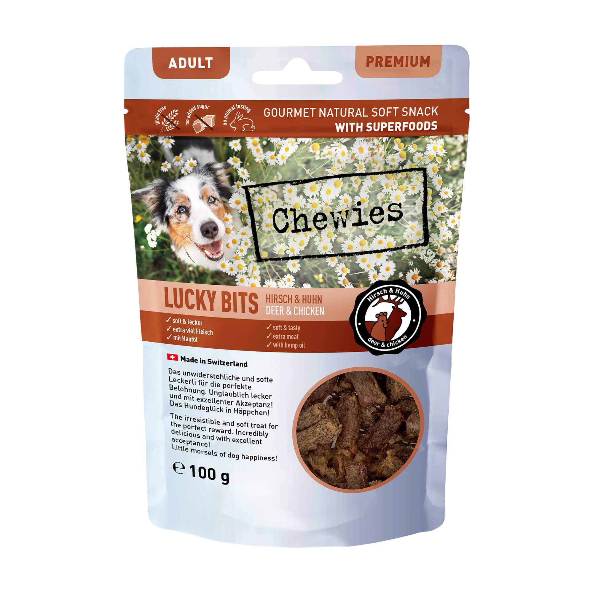 Chewies Lucky bits - Golosinas para Perros de Ciervo y Pollo para Adultos, sin Cereales y Suaves, con Muchas proteínas y superalimentos como levadura de Cerveza o Ginkgo, sin azúcar (100 g)
