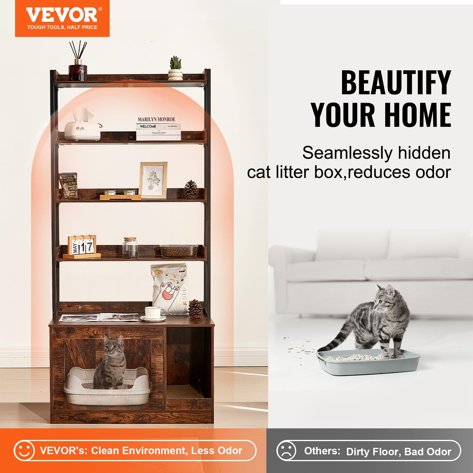VEVOR Meuble Cache Bac à Litière pour Chat, 85x49x149 cm, Maison de Toilette pour Chat avec 4 Étagères de Rangement, Armoire en Bois pour Cacher la Plupart des Bacs à Litière pour Chats, Marron Foncé