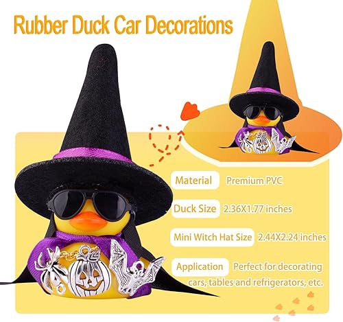 Miniatura 2 de MuMyer Adornos de pato de goma para automóvil, decoraciones de tablero de automóvil con mini sombrero de bruja, capa, collar, accesorios de