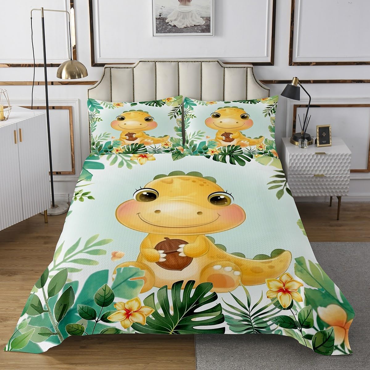 Tropical Plants Trees Bedspread King,Palm Leaves Quilted Coverlet 3pcs for Adults Teens Room Decor,Cartoon Dinosaur Soft Breathable Bedding Quilt