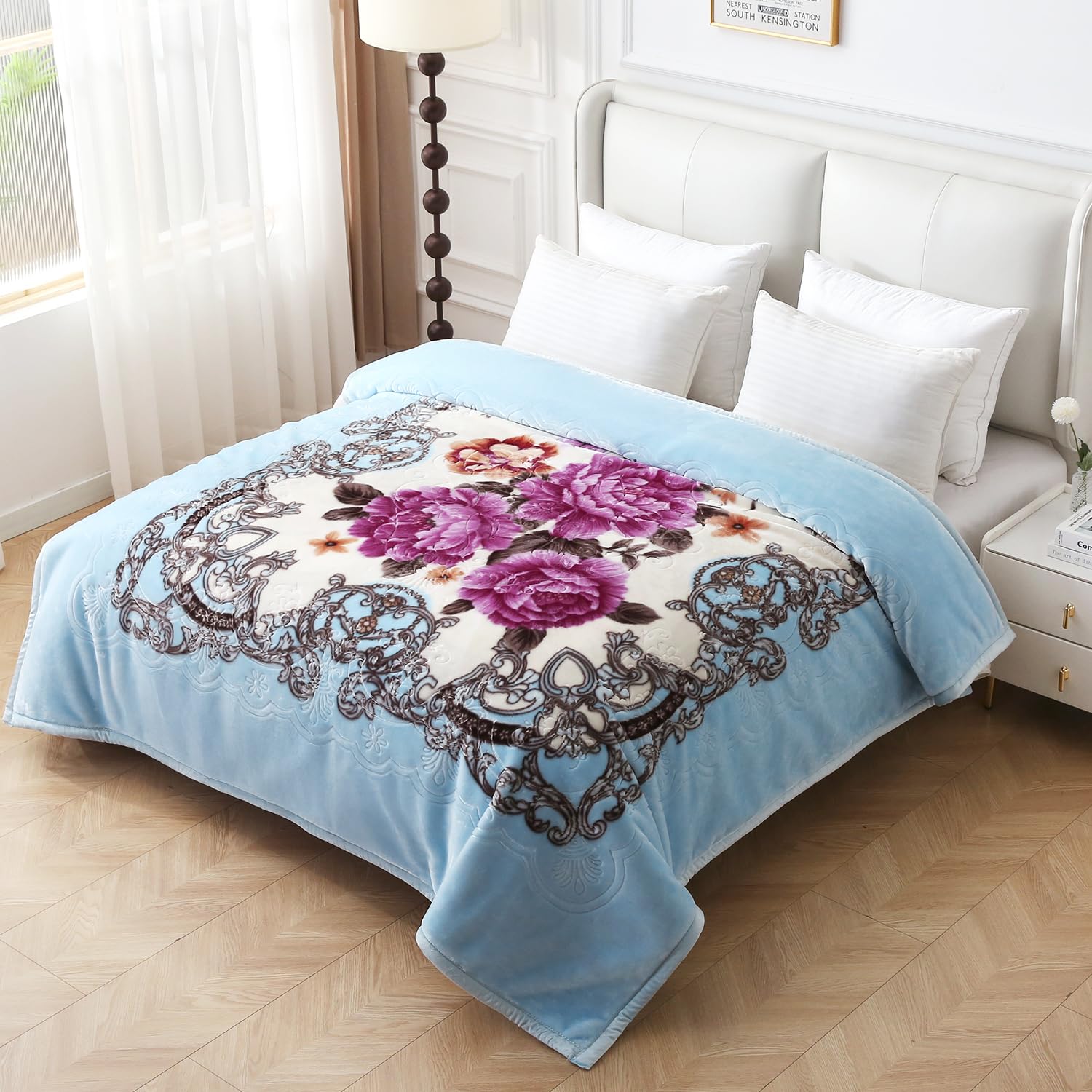JYK Korean Mink Fleece Blanket Queen Size 75" x 87", 4.9 Pounds - 2 Ply Reversible Silky Soft Plush Warm, Comfy Blanket for Spring Autumn, Winter as Home Decor - Blue/Purple Peony