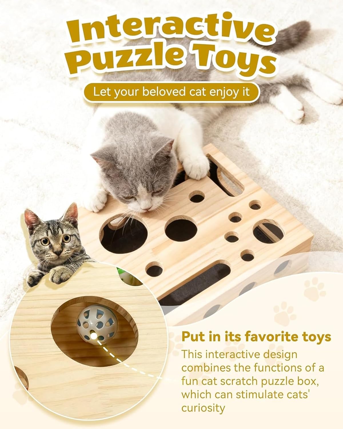 Cat Nail File Scratch Enrichment Box, Interactive Puzzle Toy with Scratcher, Stress-Free Nail Filing Alternative, Natural Wood Cat Box with Sandpaper & Bell Balls