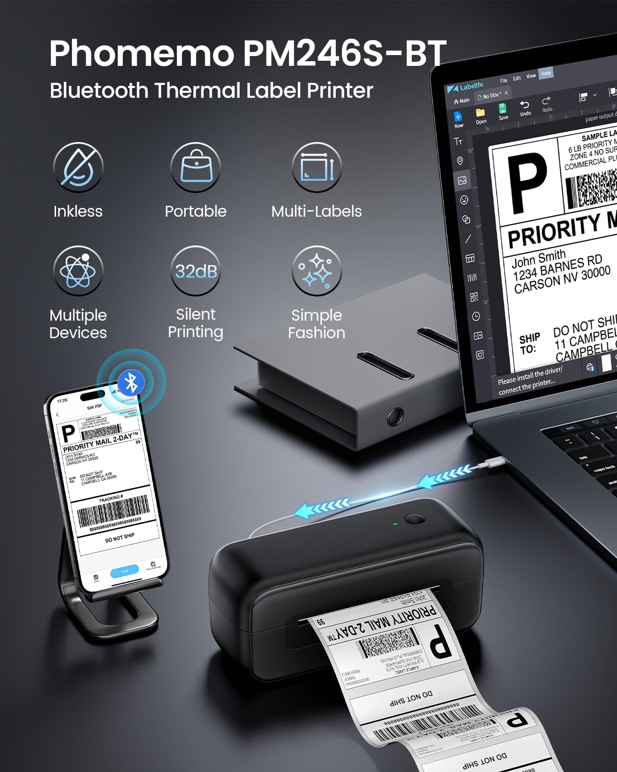 Phomemo Bluetooth Drukarka Etykiet Wysyłkowych,246BT Drukarka Etykiet Termicznych 4x6,Bezprzewodowa Drukarka do Przesyłek Pocztowych,Adresów,Logo,Kompatybilna z Ebay,Etsy,Amazon,Shopify Itp(Czarny)