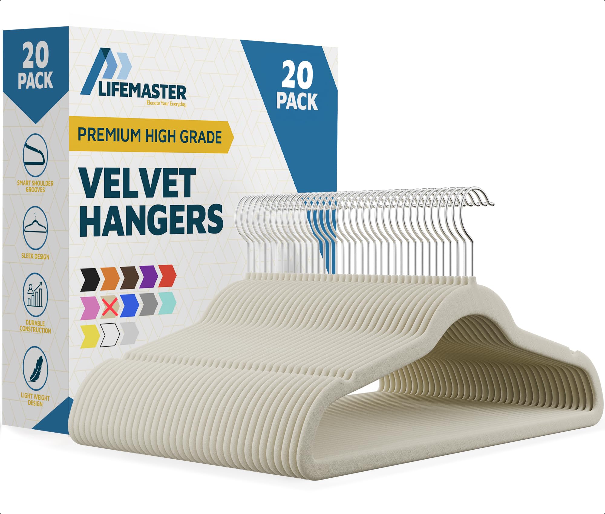 Lifemaster Velvet Non-Slip Hangers - 20 Pieces Non-slip Coat Hanger Set with 360° Swivel Hook, Space-Saving, Sleek Design, Keep Closet Organized, Smooth Velvet Finish, Lightweight Construction - Ivory