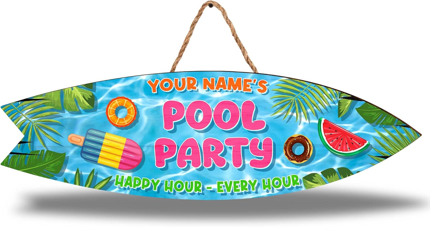 Artsy Woodsy Personalized Pool Decor Wood Sign (Not Carved or Neon) Wall Art Plaque, Tropical Summer Decor, Poolside Area Backyard Bar & Grill Patio Deck Tiki Bar Outdoor Outside Accessories (09)
