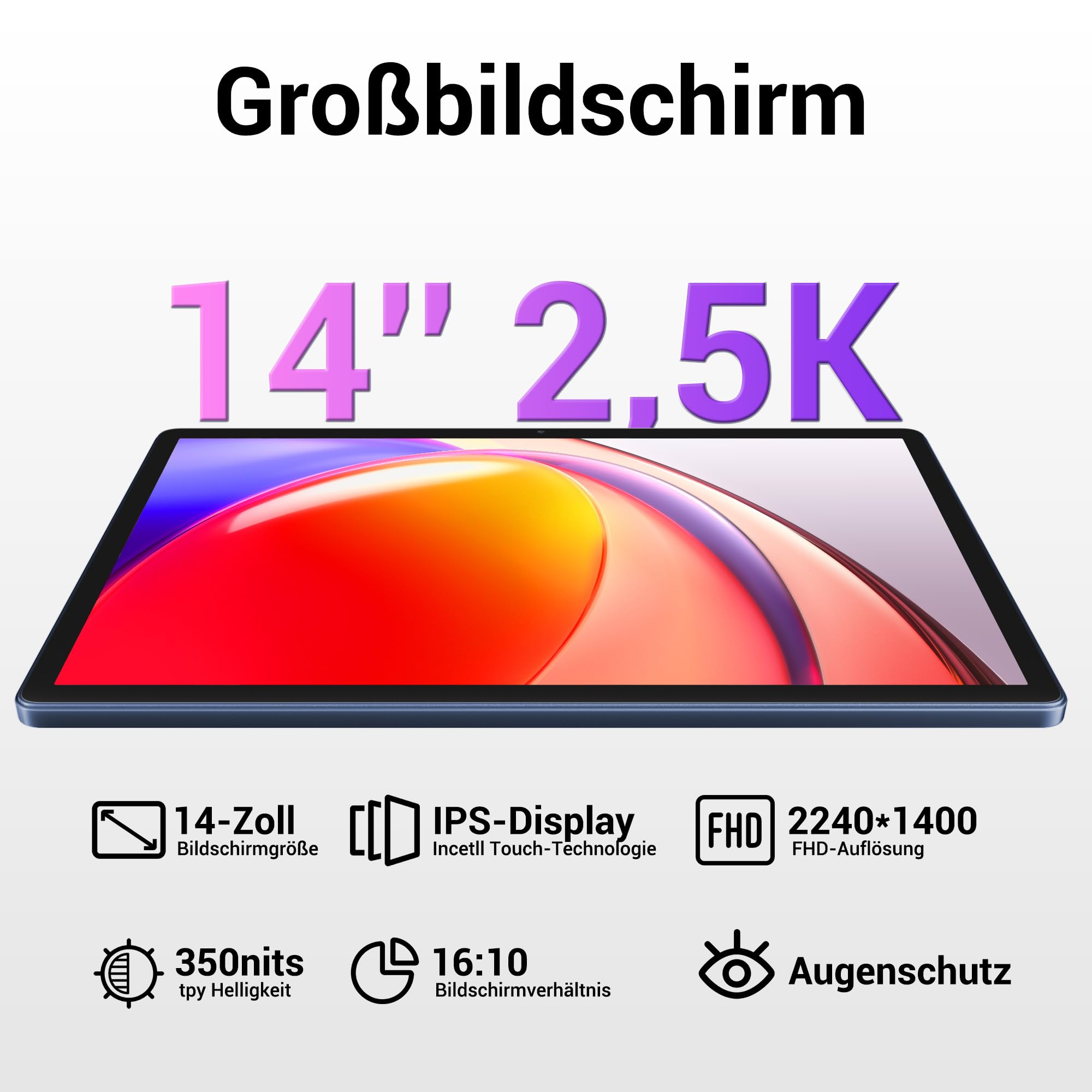 14 Zoll Tablet, 2.5K Display, 36GB RAM + 512GB ROM (1TB erweiterbar), 4G LTE Dual SIM + 5G WiFi, Quad-Speaker/GPS/GMS/Gemini AI/11580mAh/13MP, Android 15 Tablets mit Tastatur/Maus/Hülle/Kopfhörer/Pen