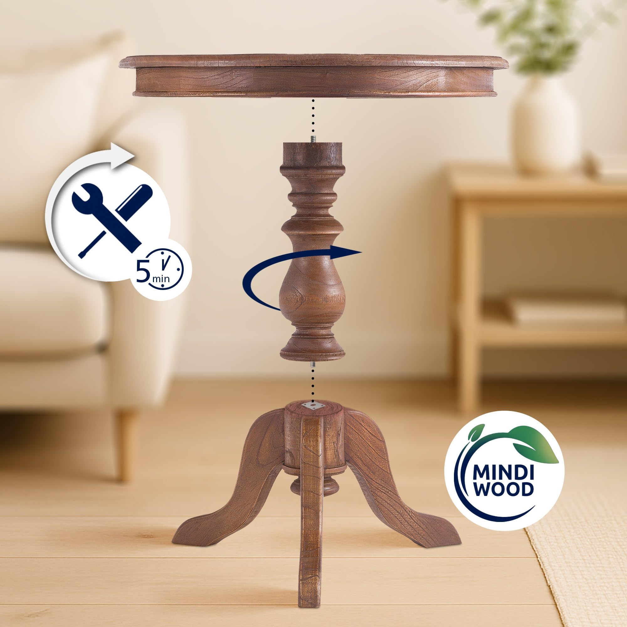 CLP Beistelltisch Wiva, runder Holztisch 70cm Durchmesser für Wohnzimmer und Esszimmer, Mindiholz mit Tischplatte, Farbe:braun