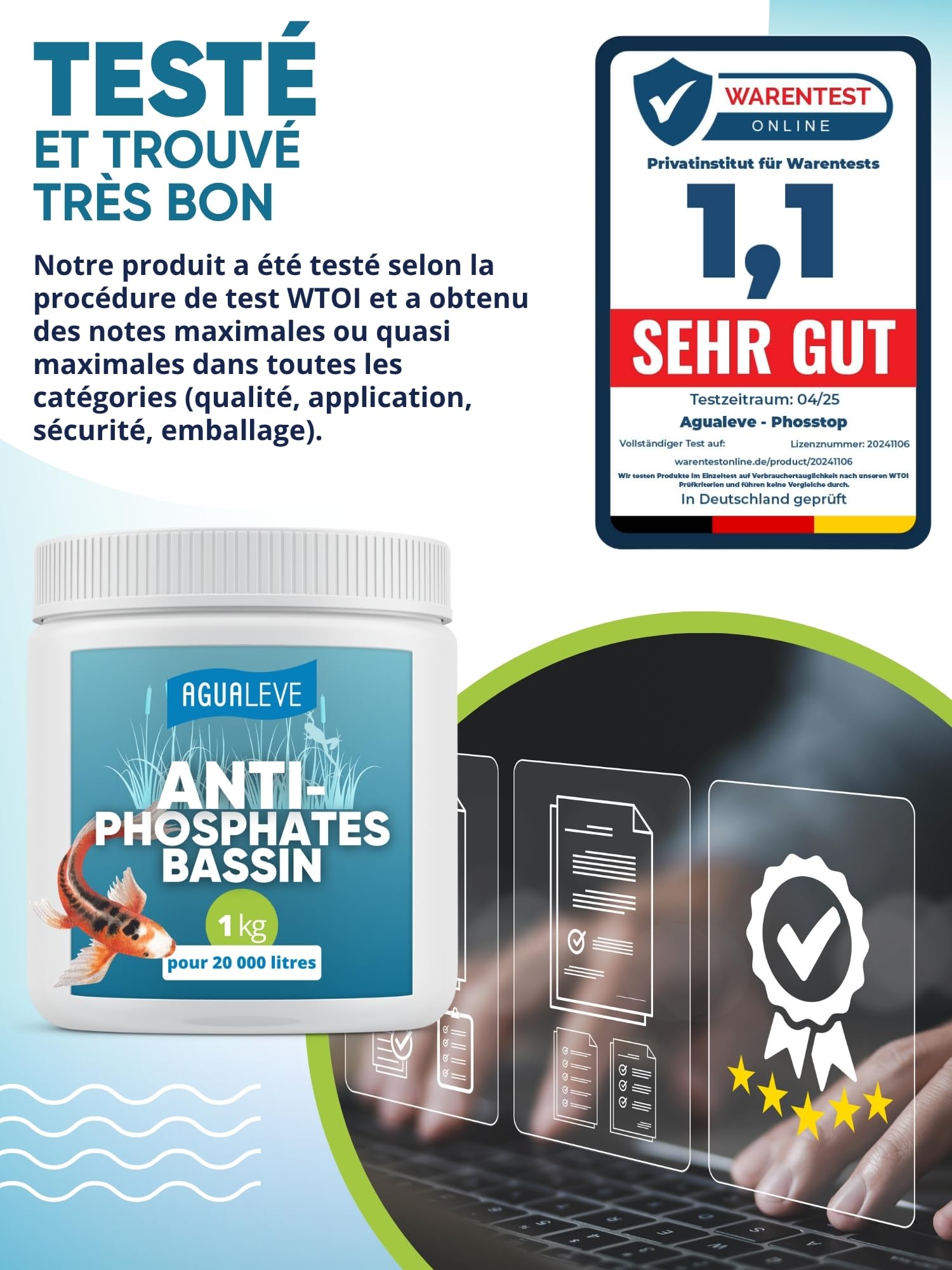 AGUALEVE® Phosstop 1 kg | lie phosphates après la lutte contre les algues et empêche ainsi la formation de nouvelles algues | pour bassins à poissons et baignade | Fabriqué en Allemagne | pour 20000 l