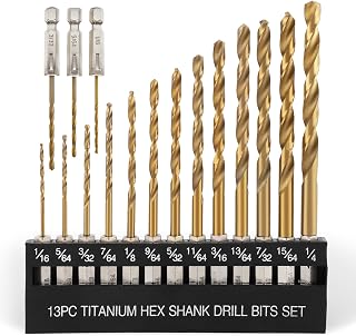COMOWARE 16-Pc Titanium HSS Twist Drill Bit Set, Hex Shank Quick Change for Wood Plastic Aluminum, 1/16"-1/4"