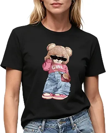 Women's Trendy Teddy Bear Graphic T-Shirt, Red, Short Sleeve, Casual Style