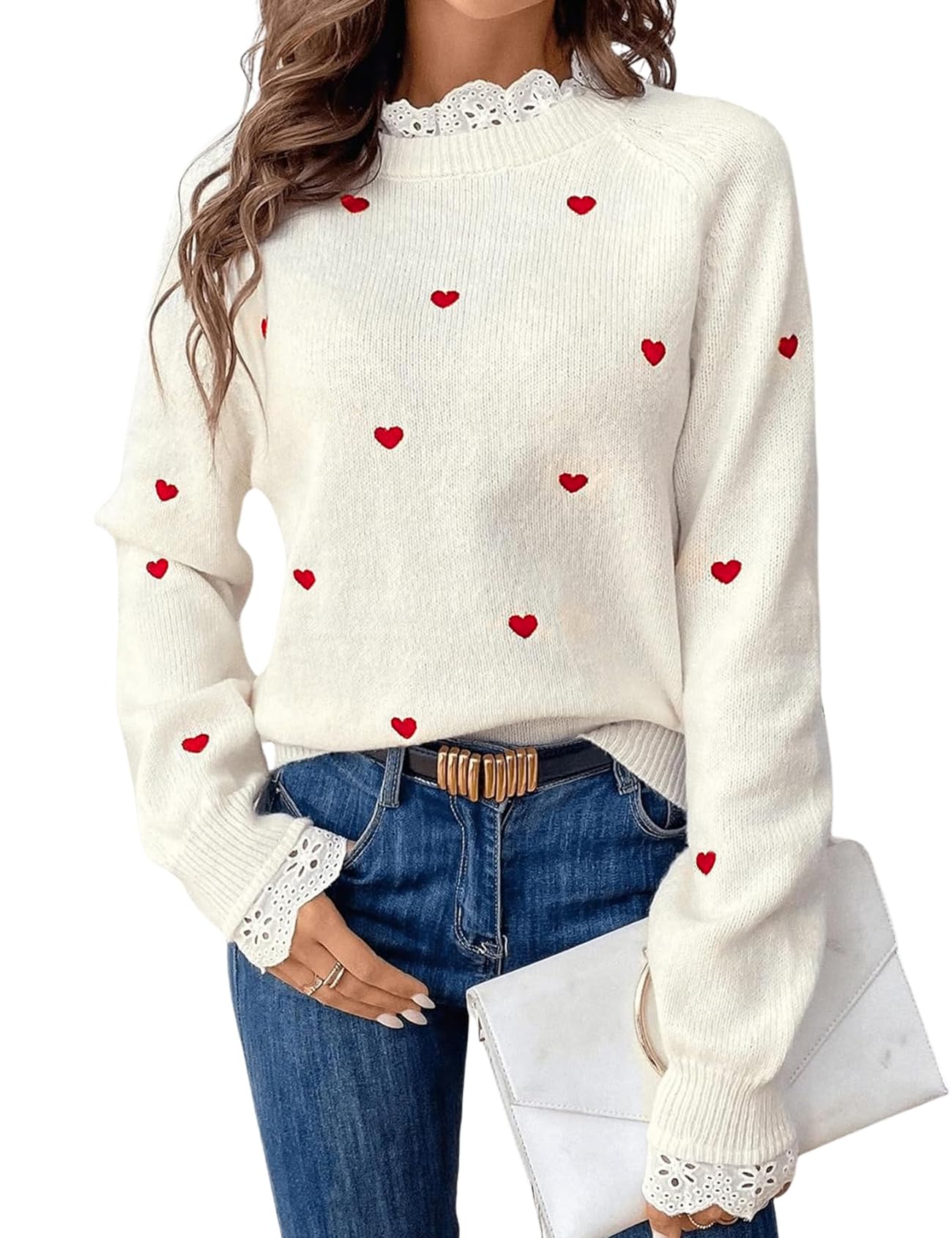 Heart Lace Sweater for Women Cute Fall Pullover Trendy Valentine Sweaters Long Sleeve Casual Knit Jumper Top