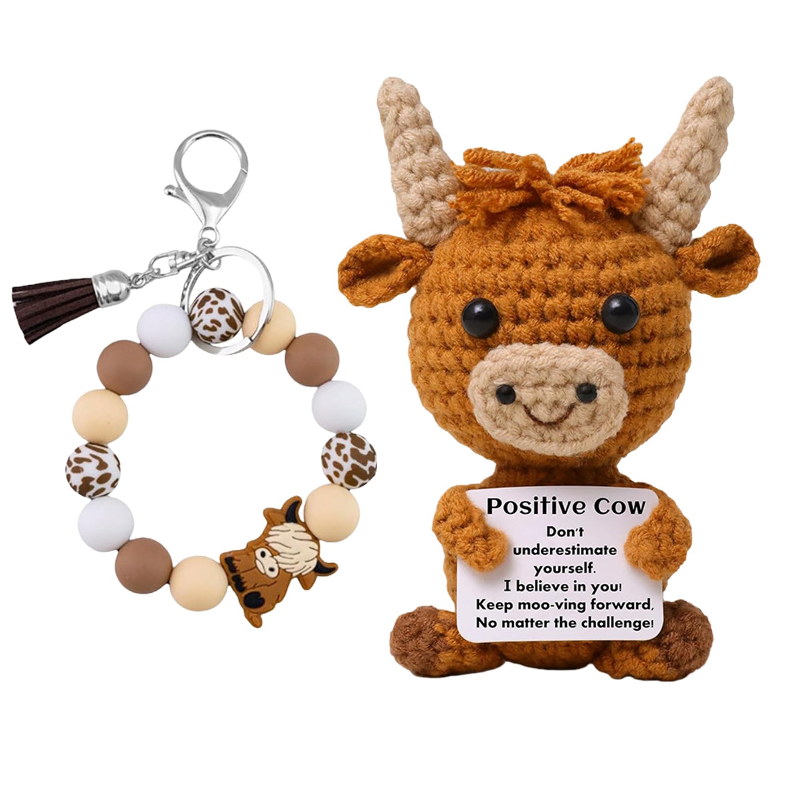 GWAWG Mini Funny Positive Highland Cow,Cow Keyring,Creative Cute Crochet Doll,Mini Funny Emotional Support Gift for Women Friends for Student (B)