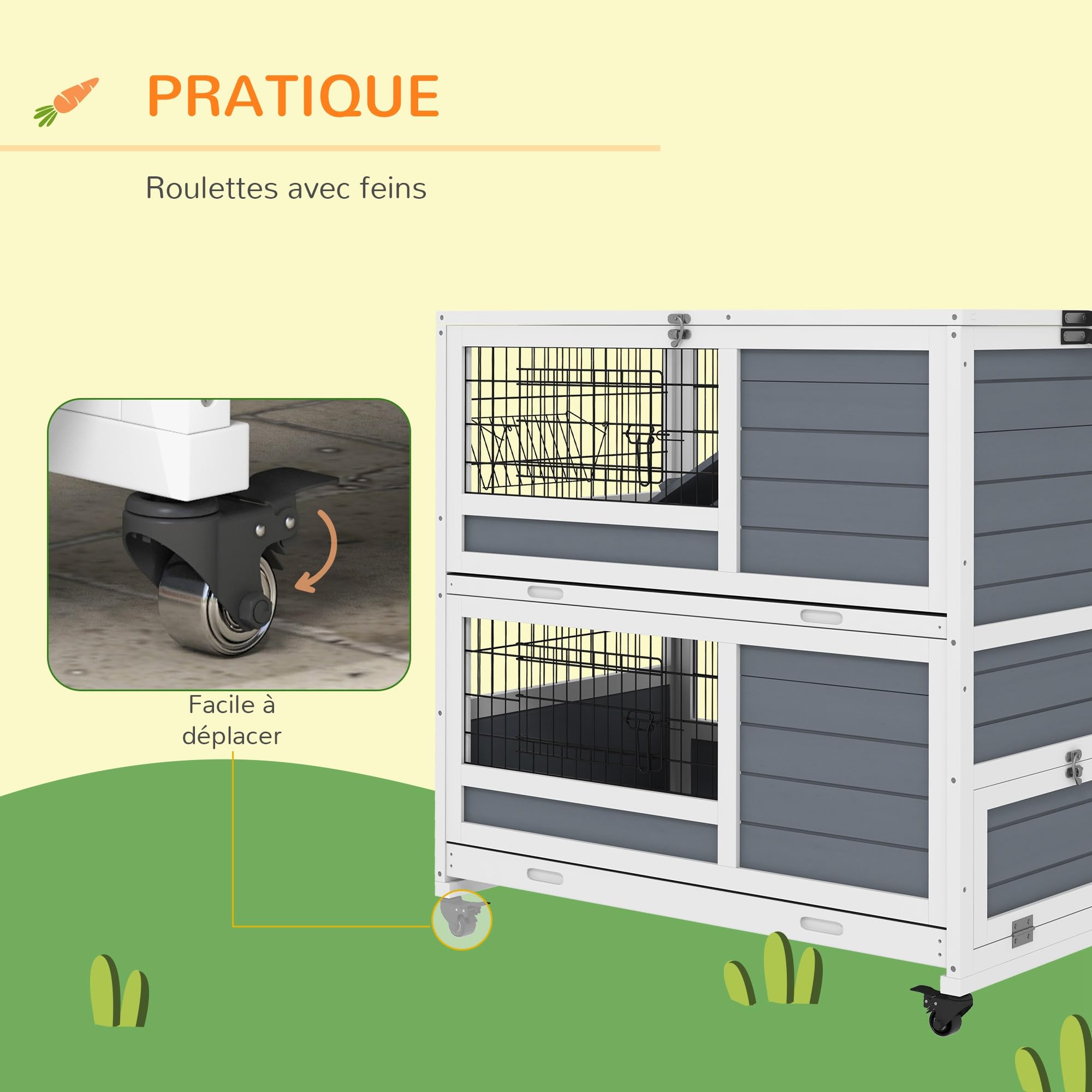 PawHut Clapier en Bois d'intérieur, Cage à Lapin sur roulettes à 2 Niveaux avec 2 Plateaux coulissants, Porte verrouillable, mangeoire, 90 x 53 x 97 cm, Gris