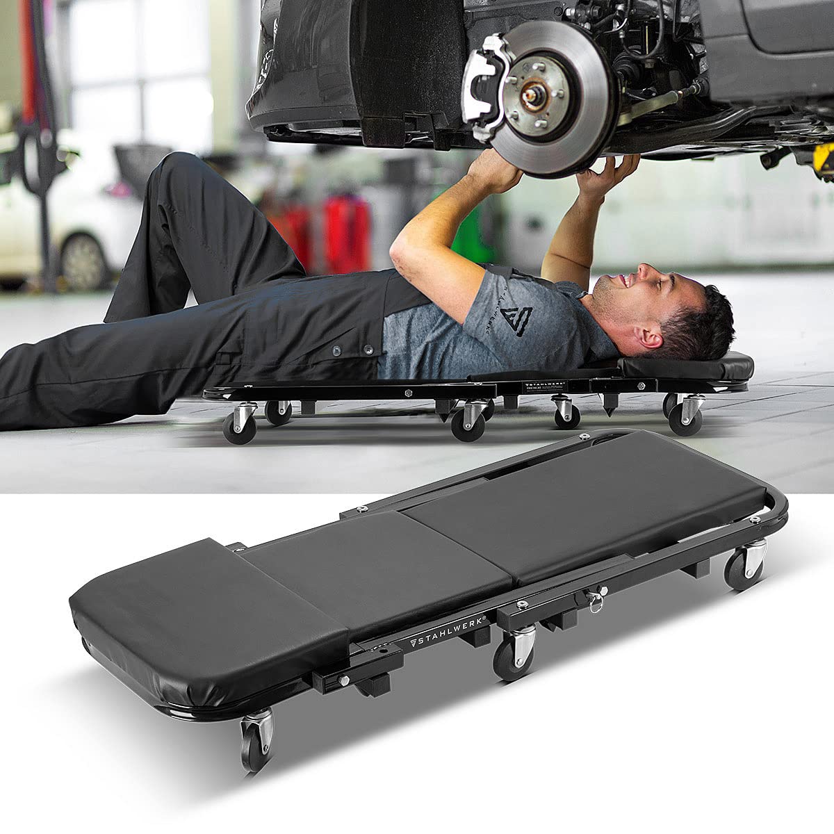 STAHLWERK 2-in-1 Montagerollbrett & Werkstatthocker FRC-40 ST – faltbare Werkstattliege & Montagehocker mit Sitz- & Liegefunktion, bis 150 kg Tragfähigkeit, 7 leichtlaufende 360°-Rollen, PU-Kunstleder