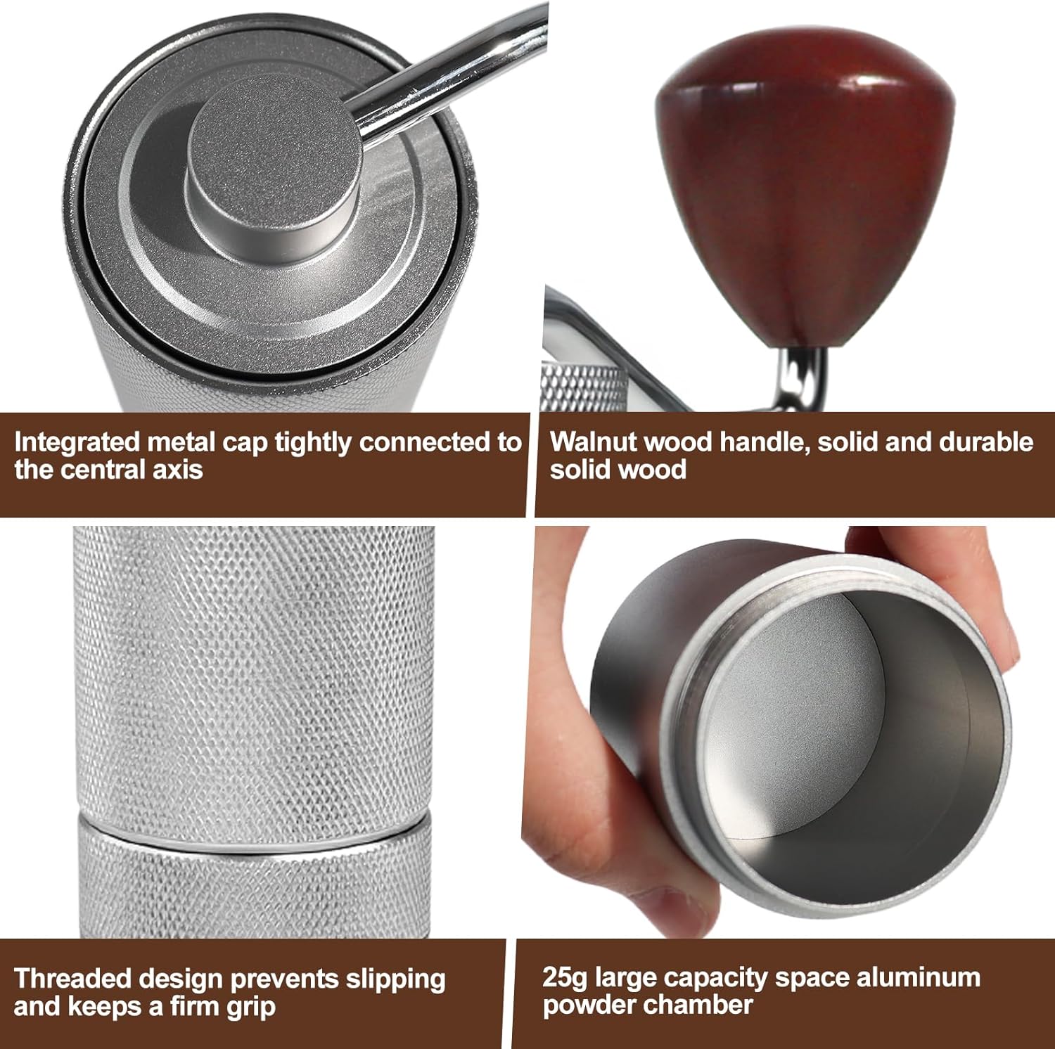 Manual Coffee Grinder Detachable Stainless Steel Conical Burr Aluminum Coffee Bean Grinder with 25 Grinding Settings Cleaning Brush Grindable Espresso Moka Pot French Press for Camping Silver - Image 5