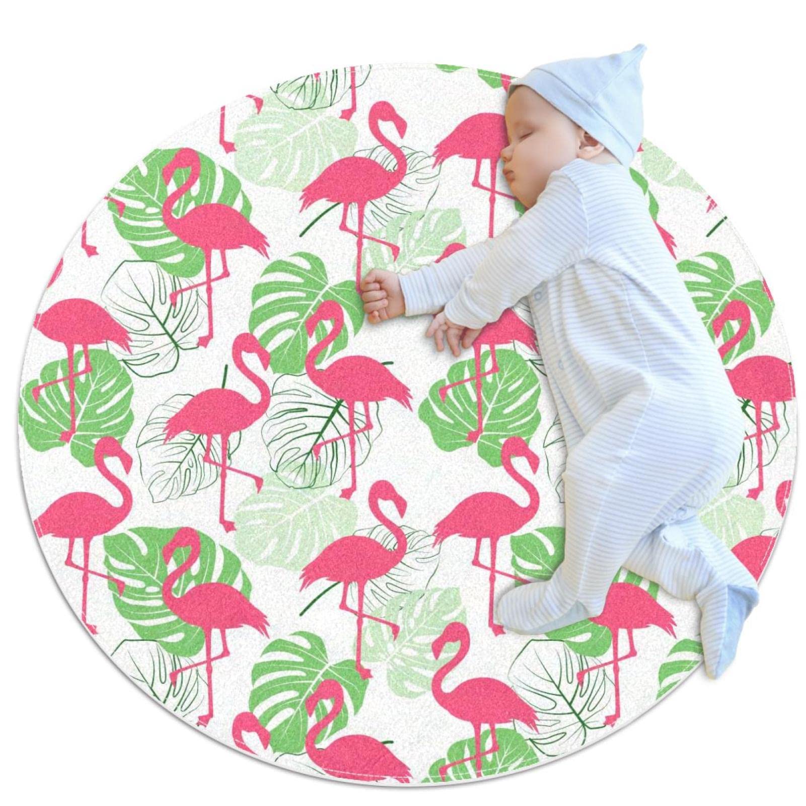 Alfombra redonda infantil con flamenco y palmera monstera para habitación de juegos 80x80cm