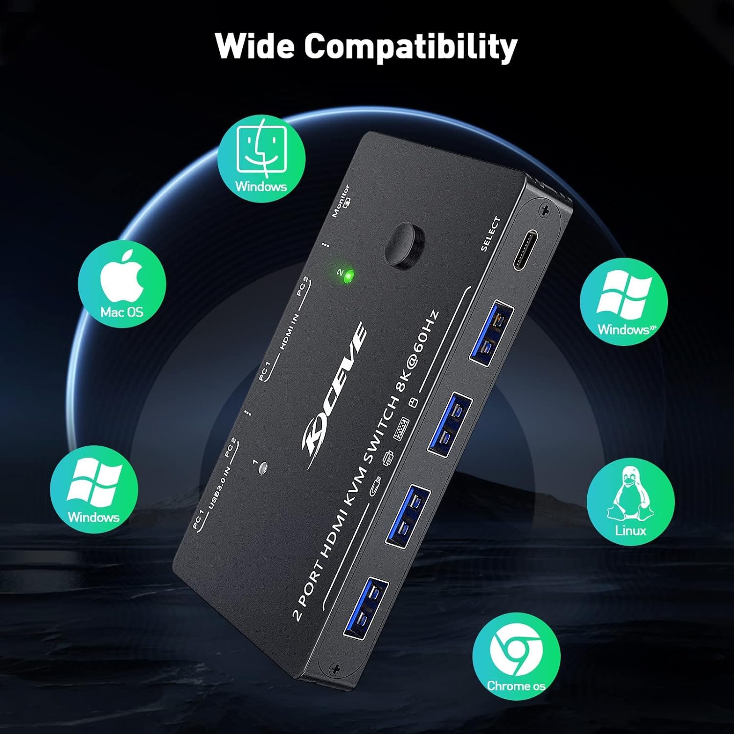 KCEVE 8K USB 3.0 Commutateur KVM HDMI Commutateur KVM 2 Ports Supporte une résolution de 7680 * 4320@60Hz, 3840 * 2160 @ 120Hz pour 2 Ordinateurs, la Souris, Clavier et Moniteur