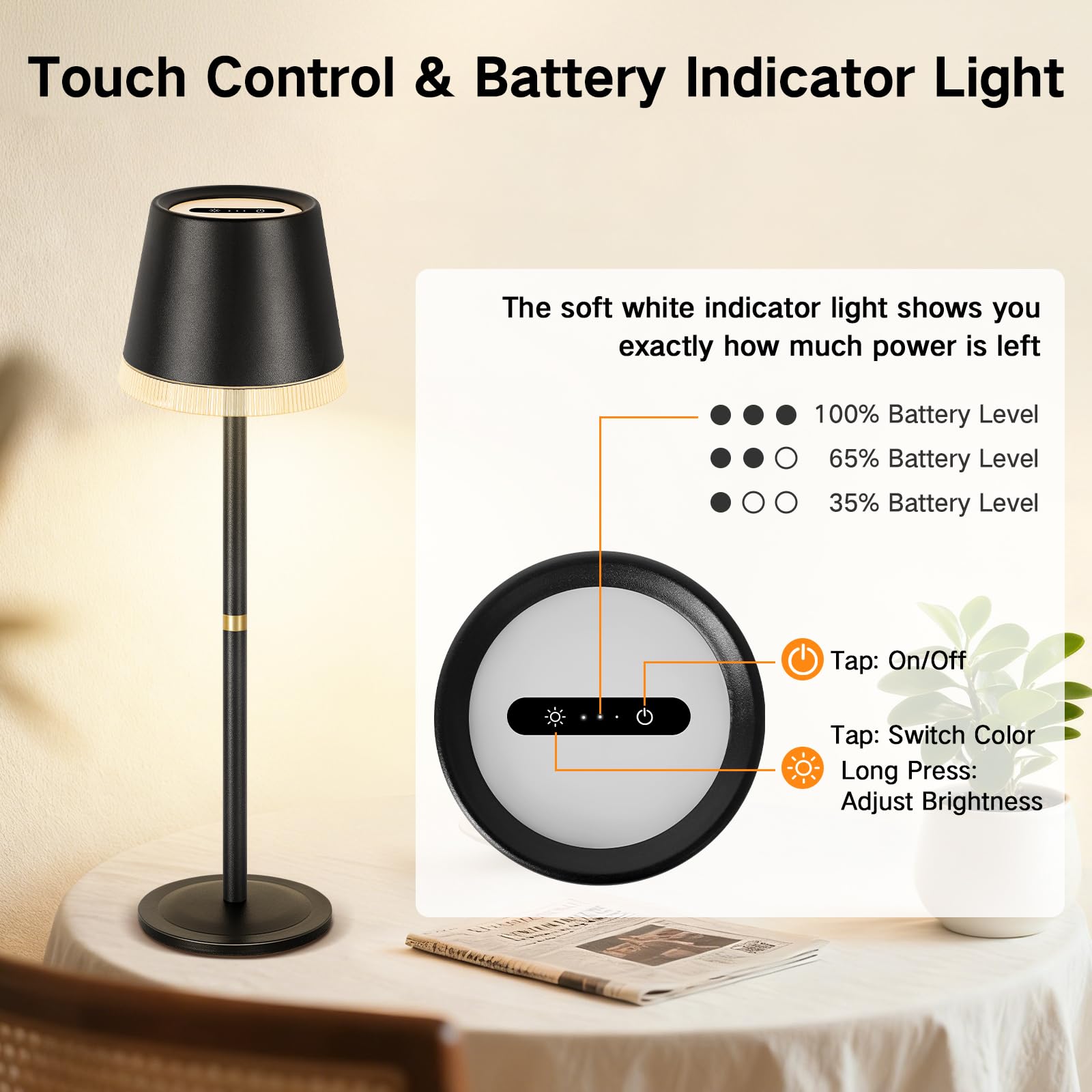 OUTON Lámpara de Mesa Inalámbrica con 3 Modos de Luz y RGB, LED Recargable con Control Táctil, Regulable y Memoria, Impermeable IP54 para Dormitorio, Bar y Café, Negro