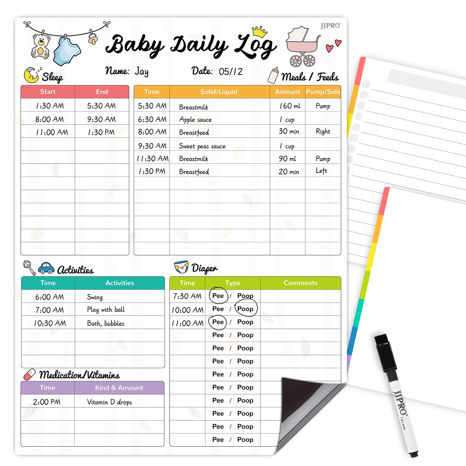 Newborn Baby or Toddler Log Tracker Whiteboard - Reusable Daily Planner Chart to Log Feeding Food, Sleep&Naps, Diaper Change and Daily Activities -
