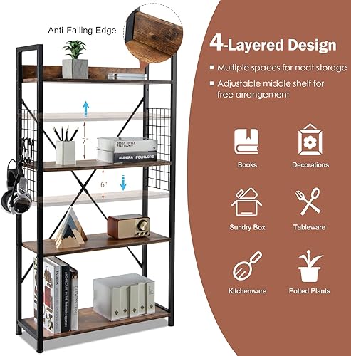 Miniatura 6 de Tangkula Estantería de 4 niveles con ganchos en forma de S, estantería industrial abierta con dispositivo que no se cae y almohadillas ajustables