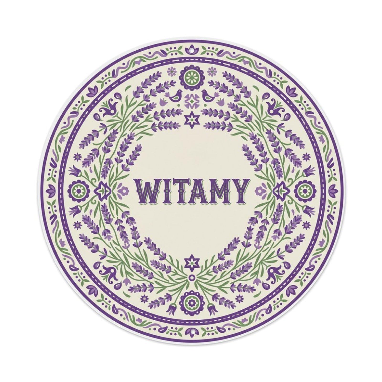 Fyrn Style Metal Tin Sign Vintage Polish Folk Art Witamy Welcome Lavender Wreath