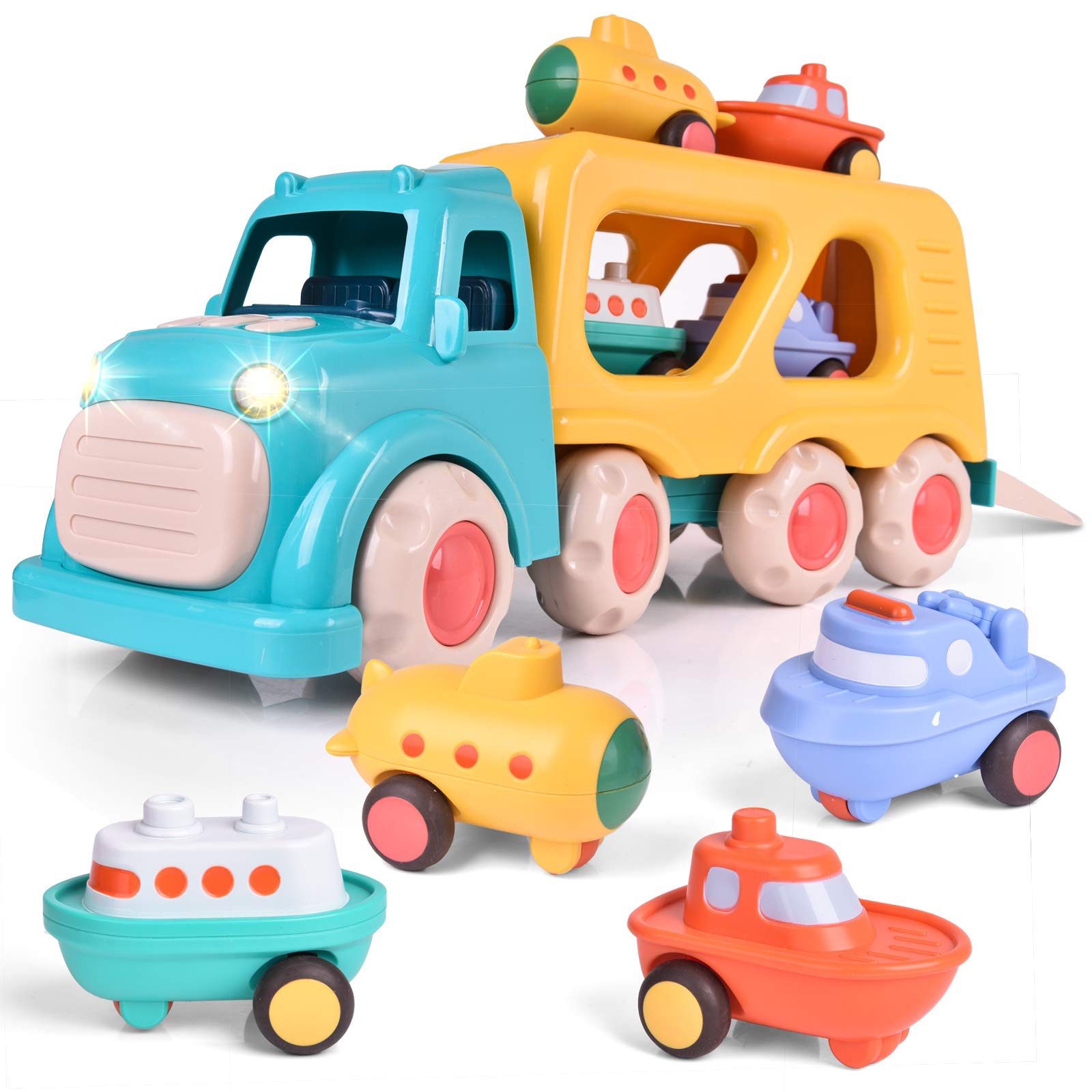 FUN LITTLE TOYS Cartoon Car Carrier Truck Toy with Sounds, Toy Boats for Toddlers, 5 in 1 Push and Go Trailer with Submarine, Vessel, Ferry Boat, & Ship, Toys for 2 Year Old