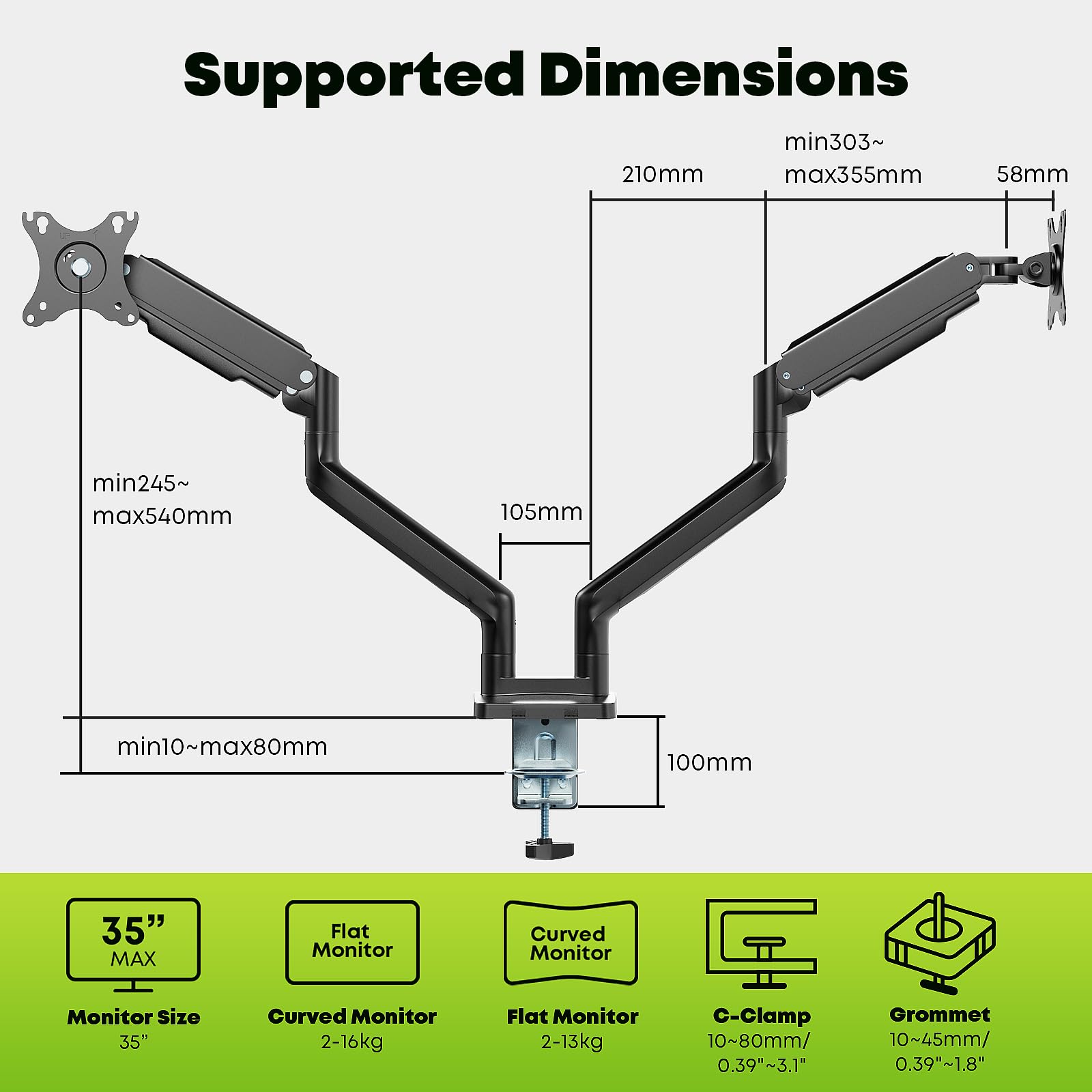 Doppio braccio per monitor per schermi da 17"-35", supporto per monitor per impieghi gravosi con 16 kg per braccio, rotazione e inclinazione regolabili in altezza, VESA 75/100 mm