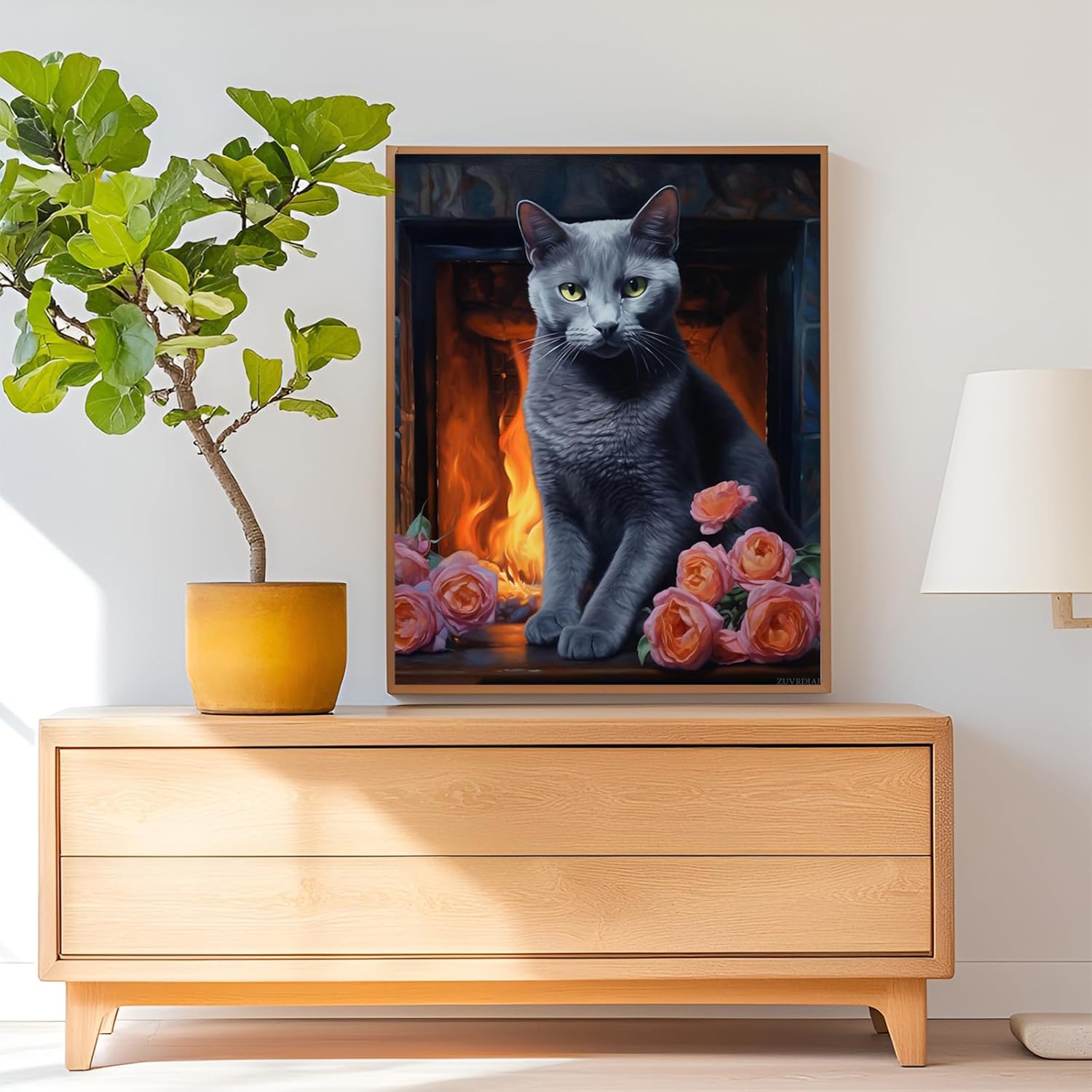 ZUVRDIAI DIY Paint by Number Kits for Adult Beginner, Russian Blue Cat Flickering in Fireplace, Paint by Numbers Kits for Adults, Canvas Painting Gift Kit for Modern Home Wall Decor, 40x50cm