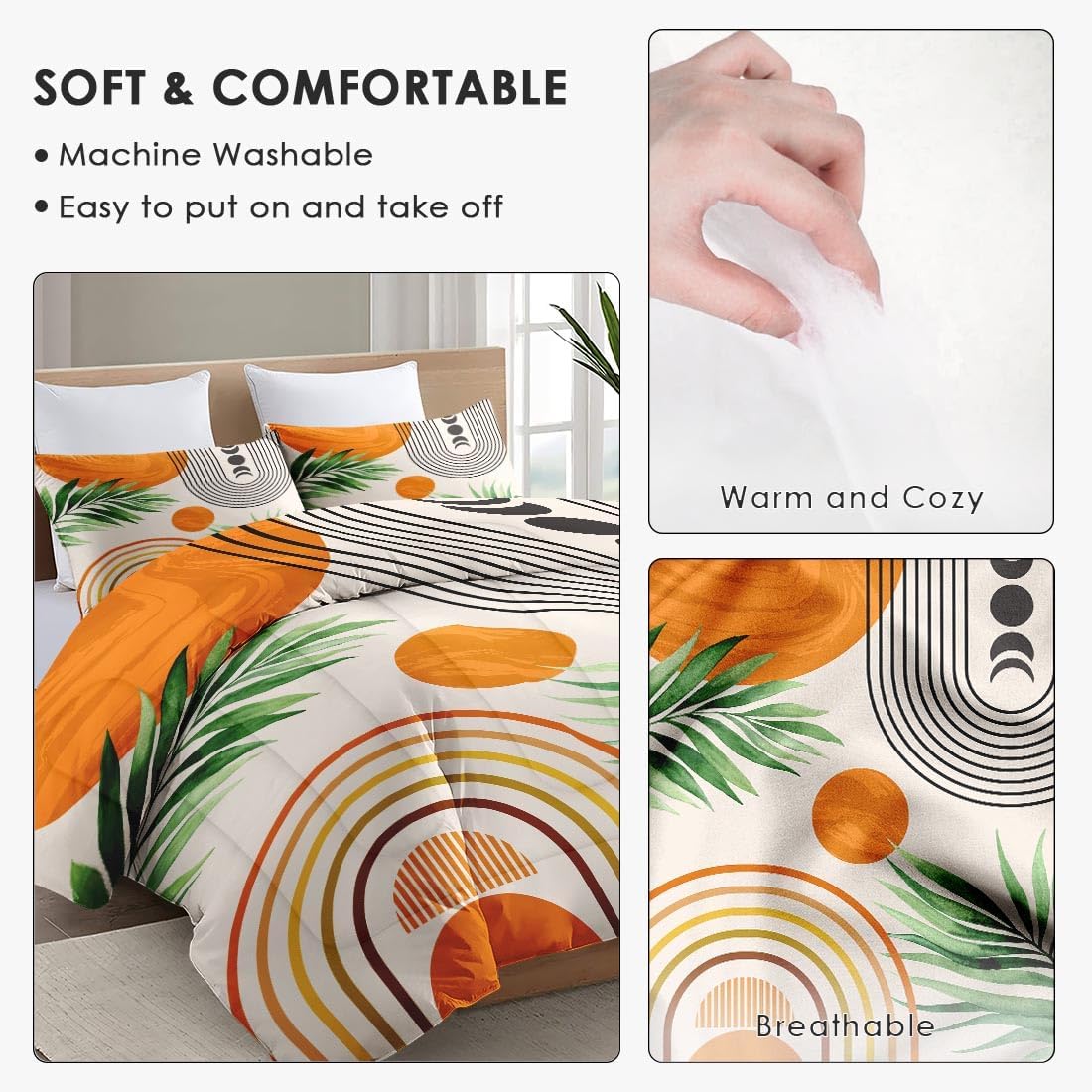 Full Size Comforter Set with 2 Pillowcases, Contemporary Mid Century 3 Pcs Bedding for Kids and Adults, Rainbow Sun Boho Geometric Soft Comforter Set for Bedroom Bed Decor - Image 5