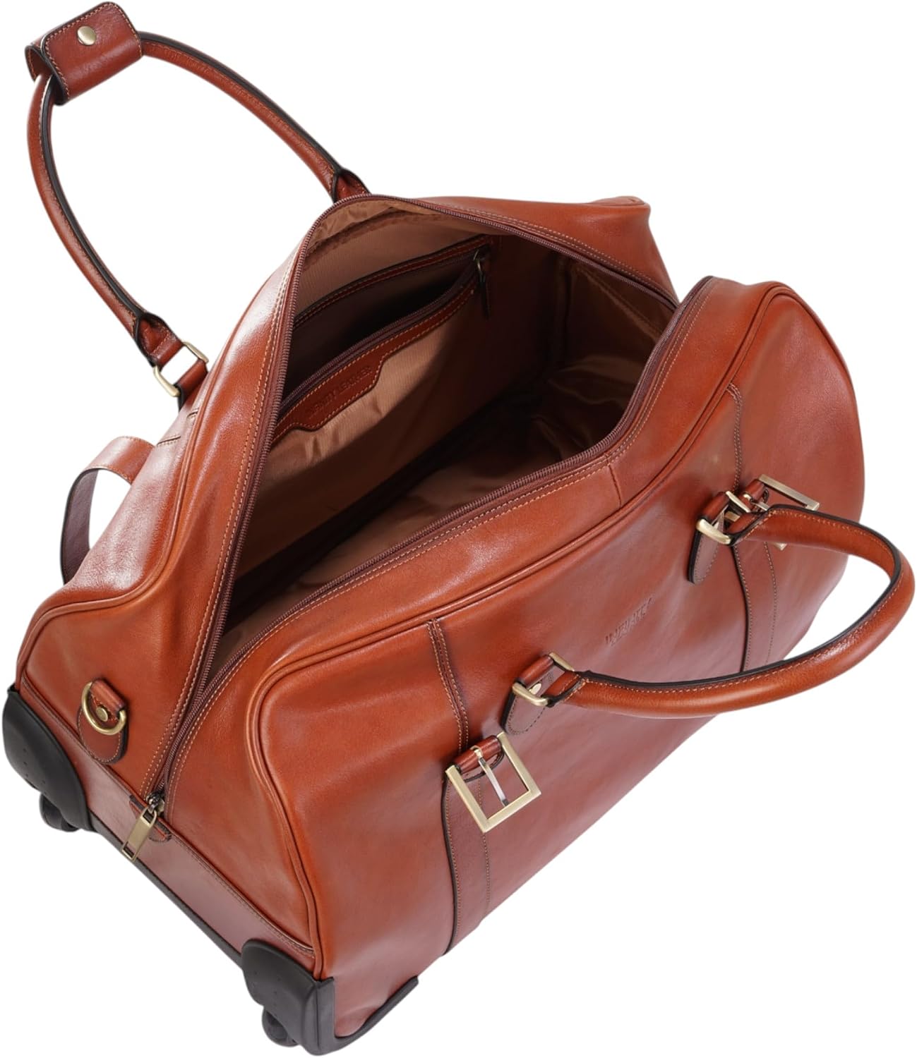 Genuine Leather Wheeled Holdall Duffle Bag – 43L Vintage Cabin Travel Bag for Men – Cowhide Overnight Rolling Weekender with Shoulder Strap, Brass Hardware & Nylon Lining