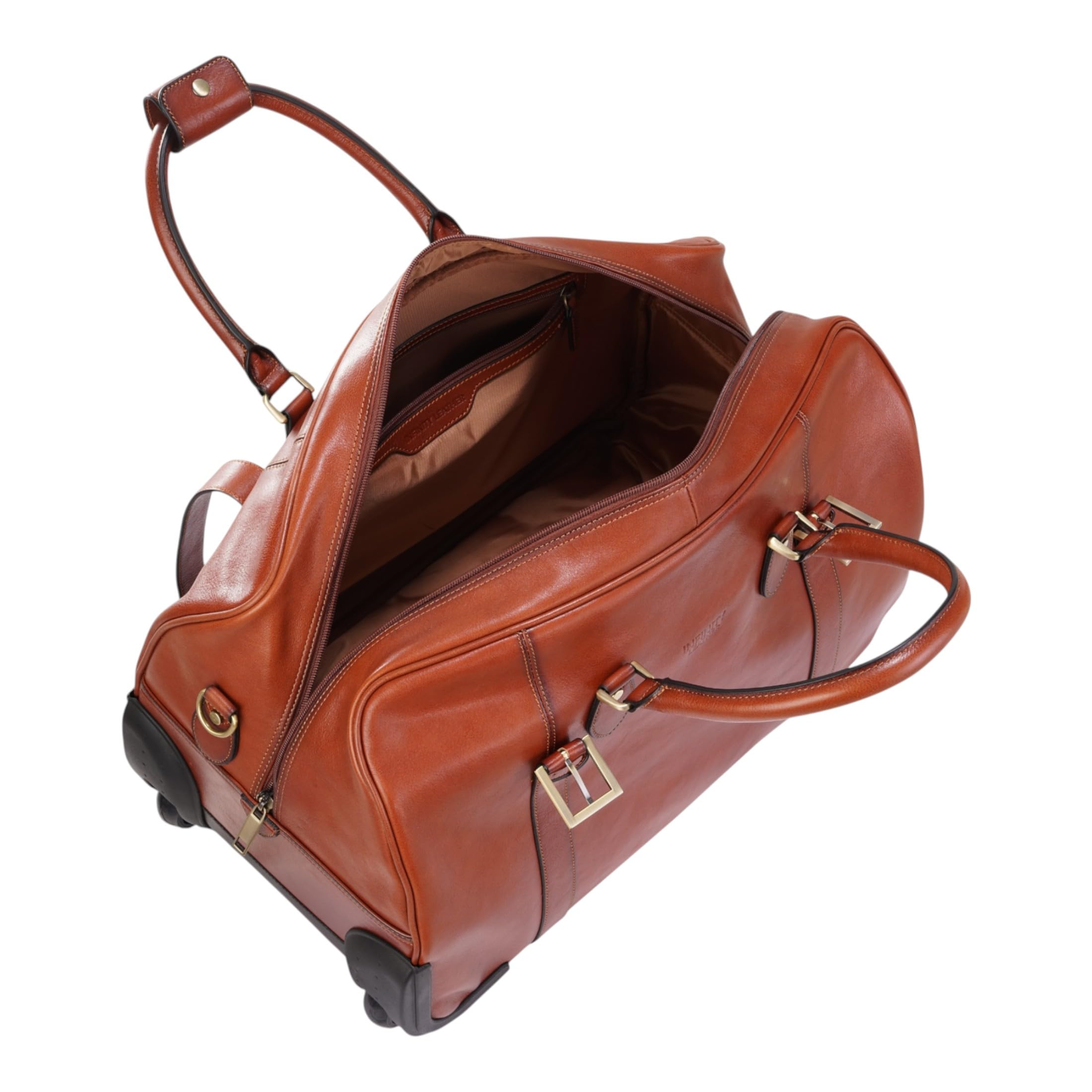Reisetasche Mit Rollen aus Echtem Leder 43 l Vintage Reisetasche Für Herren Weekender Aus Rindsleder Mit Schultergurt, Messingbeschlägen und Nylonfutter