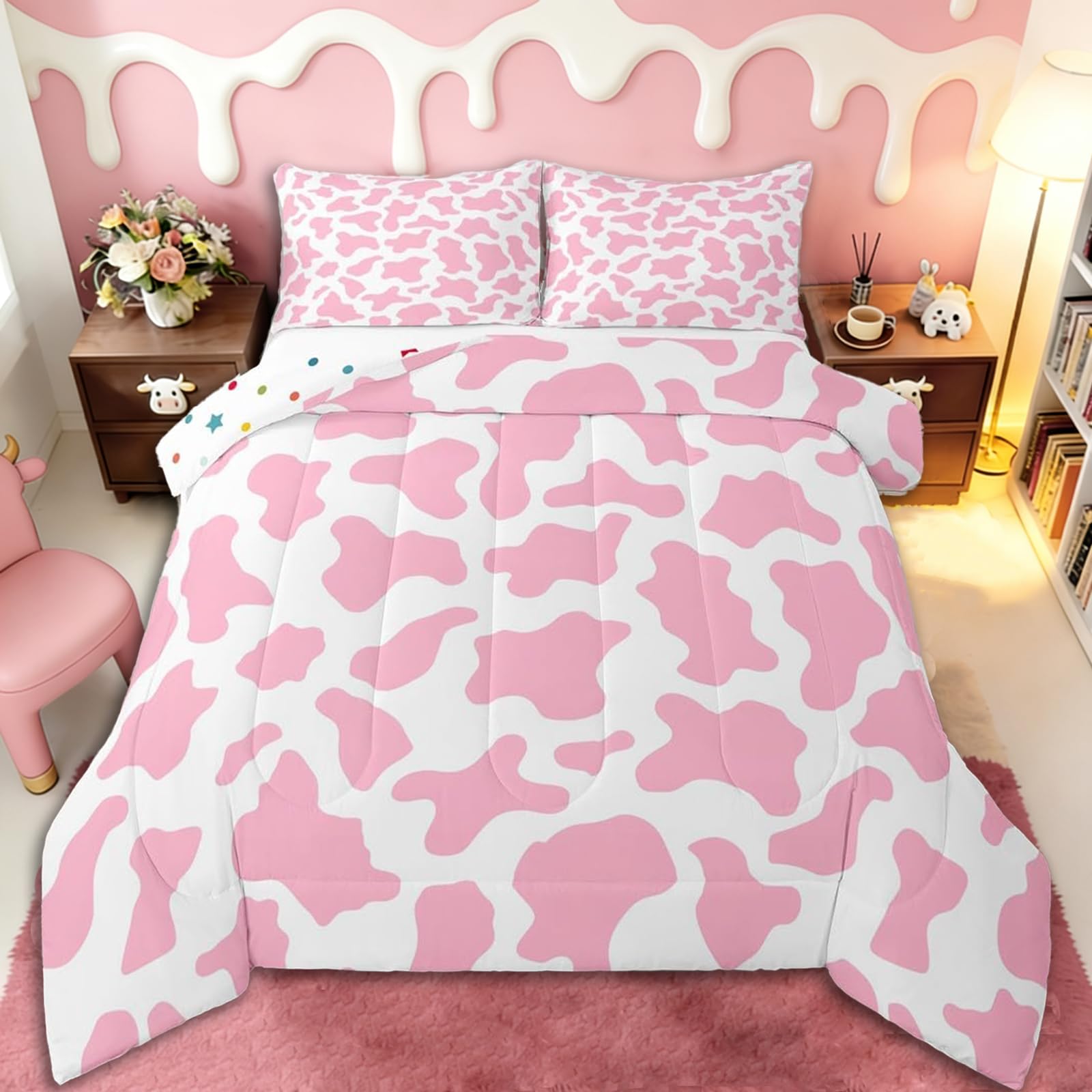 Kid Cartoon Bedding Set Pink Cow Print Down Comforter Full,Milk Cow Animal Cowhide Comforter Set Western Animals Bed Quilt for Toddler Teen Boys Girls