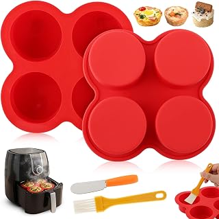 2 Pack Air Fryer Egg Bite Molds, 4 Cups Round Muffin Pans, Silicone Egg Bite Molds with Spreader＆Oil Brush Nonstick Air Fryer Baking Pan for Cupcake,Muffin,Tart,Frittata,Quiche