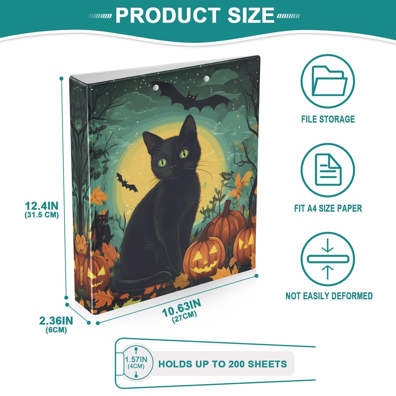 Confezione da 2 raccoglitori a 3 anelli, motivo Halloween, gatto, zucca, stelle, notte, 3,8 cm, con 3 tasche trasparenti, portablocco e contiene 200 fogli, per ufficio, scuola