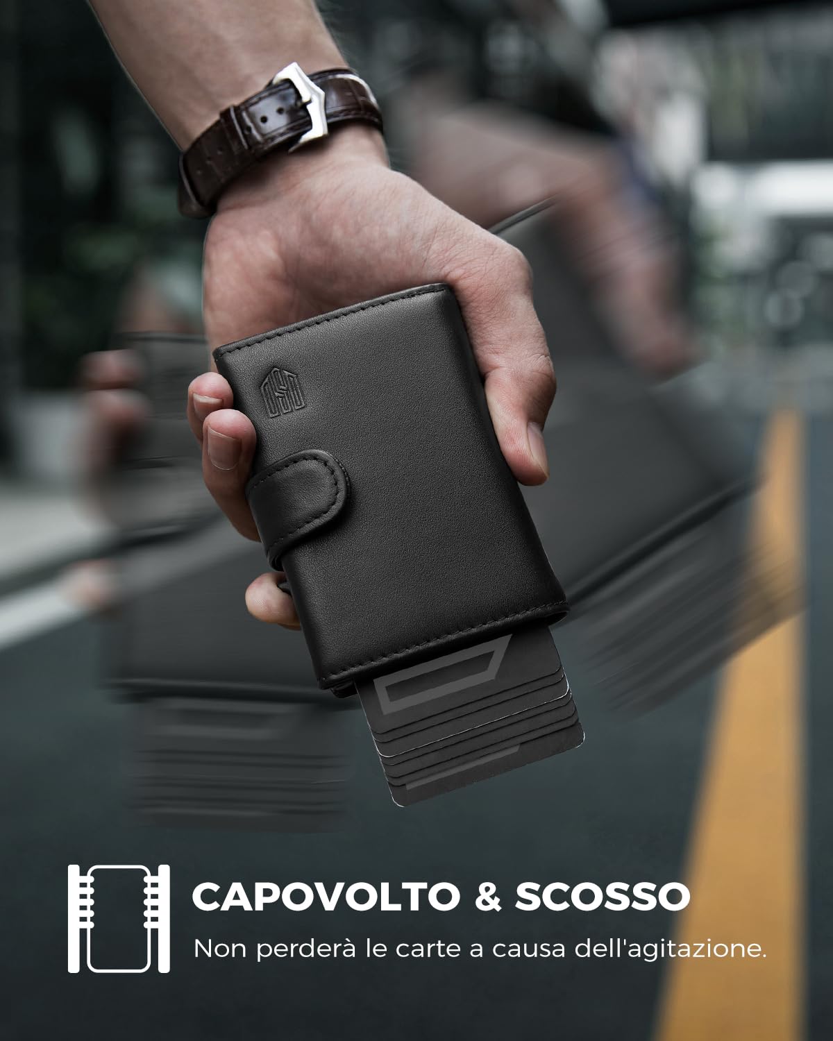 DODENSHA Portafoglio Uomo Piccolo | Porta Carte Credito Schermato | Portafoglio Uomo Slim RFID con Portamonete | Scomparto per Contanti | Custodia in Metallo Pop-up per 8-10 Carte | Slot ID | Pelle