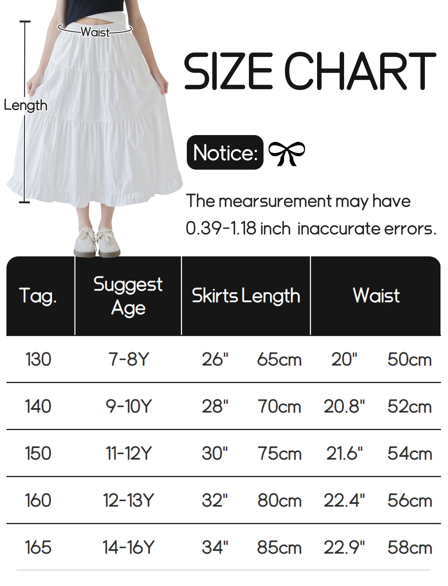 SEAUR Jupe Longue Fille Taille Élastique Élégante Maxi Jupe à Volants D'été Couleur Unie Enfant 130-165=(122-164 UE)