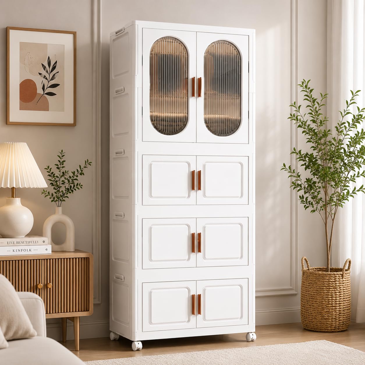 EXVITO Modular Plastic Wardrobe for Bedroom | 1 Tier+3 Bins Foldable Cupboard with Hanging Rod | Stackable Storage Almirah for Clothes with Wheels | Multi-Layer Plastic Storage Cabinet - (White)
