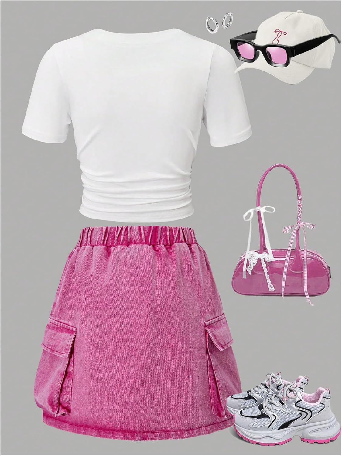 WDIRARA Girl's Cute 2 Piece Outfits Bow Short Sleeve Tee A Line Denim Skirt Sets - Image 2