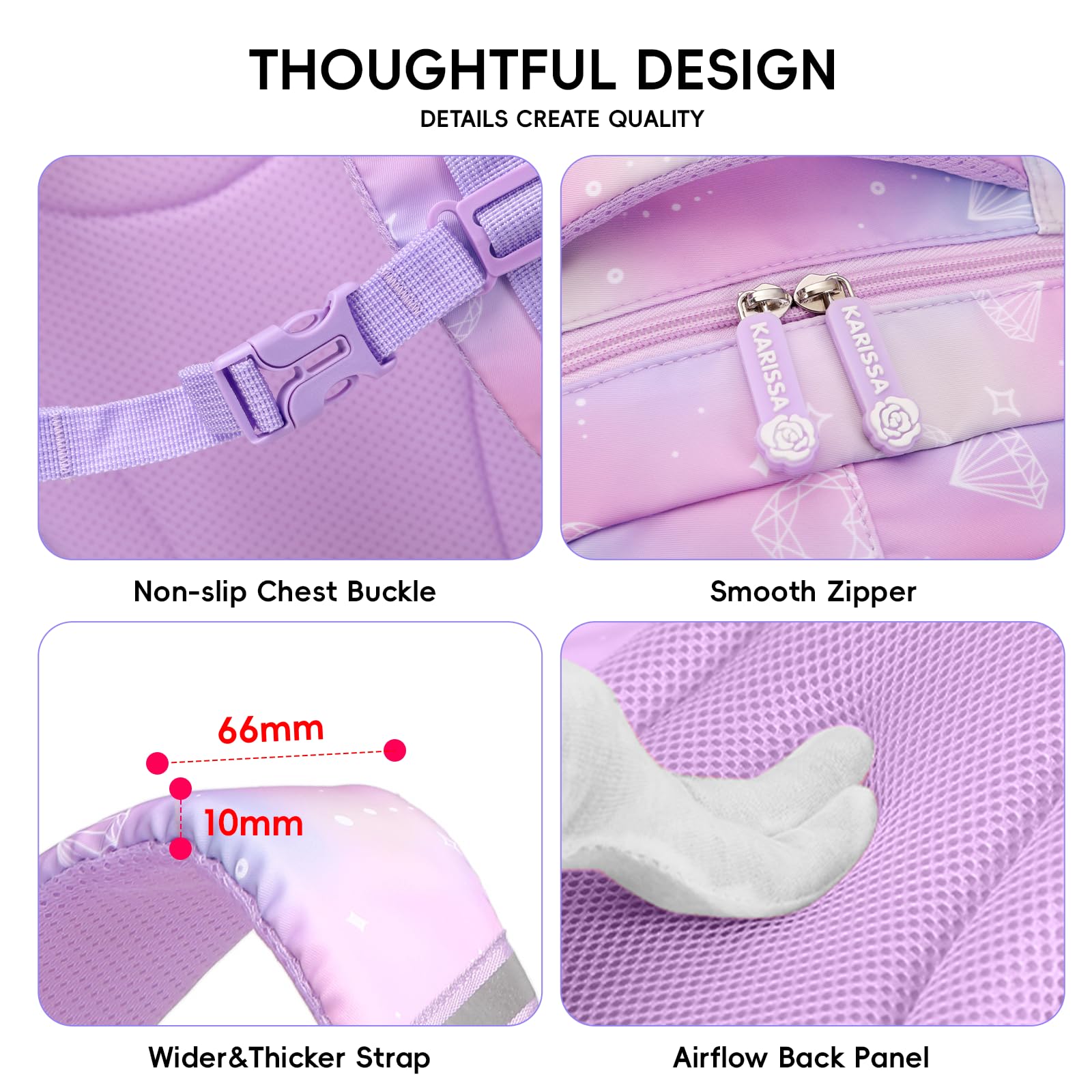 Tanou Set di Zaino Scuola Elementare Bambina alla Moda | 3 Pezzi Traspirante Zaini per Bambini con Borsa Termica e Astuccio, Kawaii Zaino Ragazza in Nylon con Ciondolo, Viola