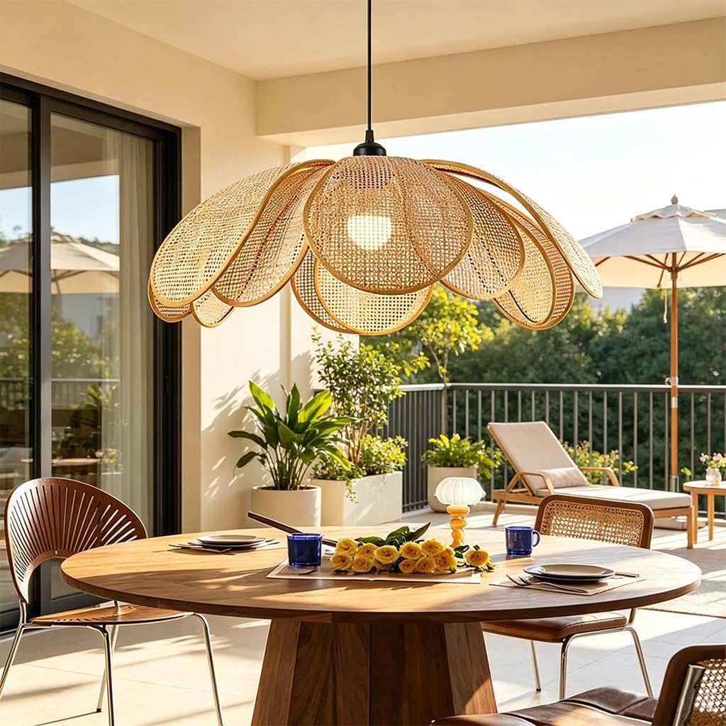 Blumenförmige Rattan Pendelleuchte Handgewebte Hängeleuchte E27 Natürliche Deckenlampe Für Wohnzimmer Schlafzimmer Esszimmer Flur Küche Moderne Rustikale Verstellbarer Höhe(50CM)