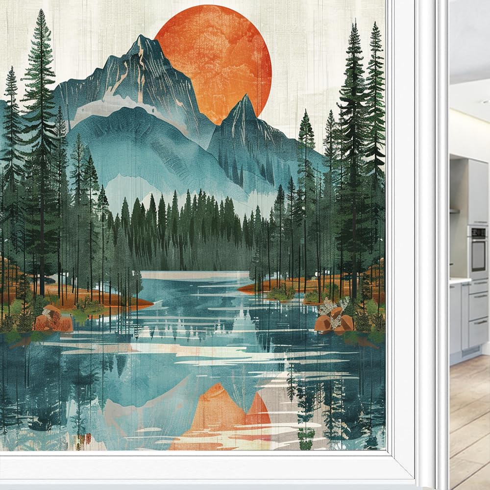 Abstract Forest Window Film Privacy Sunset Stream Mountain Landscape Window Clings for Glass Decorative Stickers Static Cling Sun Blocking Coverings 70x120 cm