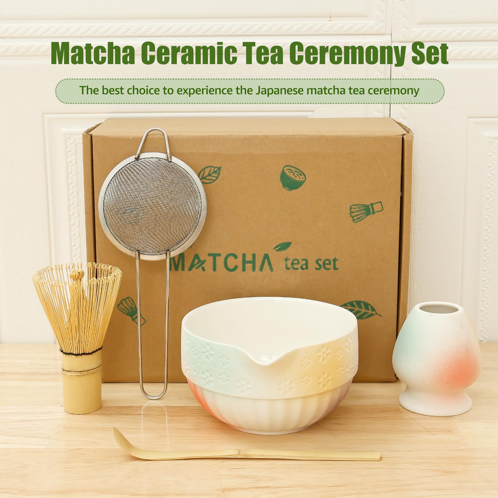 Set da 5 pezzi Matcha Unique Matcha Kit con Scoop Sifter Bowl Whisk e supporto pratico Tea Making Tool per donne e uomini uso domestico