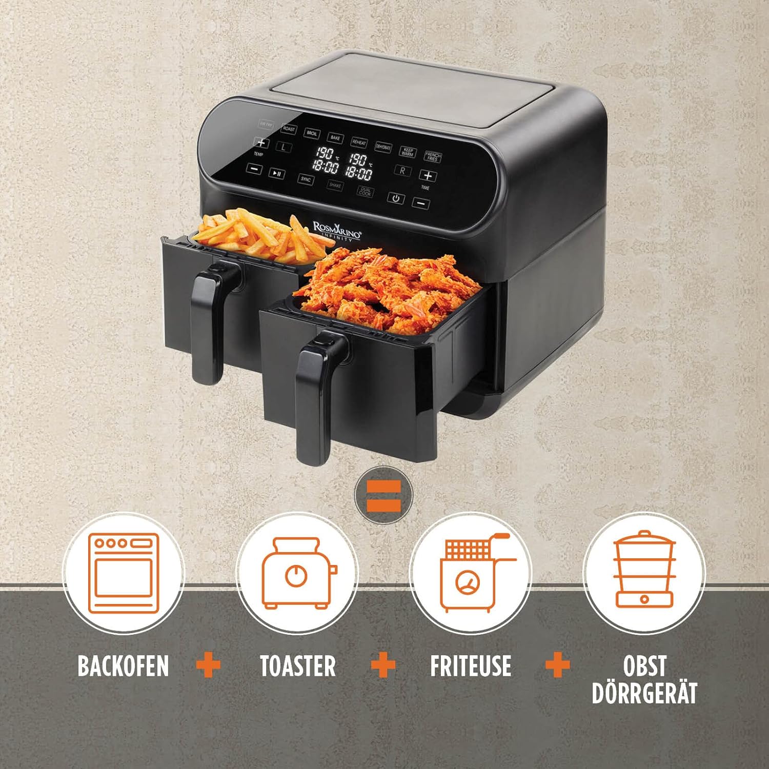 ROSMARINO INFINITY PRO XXL Air Fryer compared to oven, toaster, deep fryer, and dehydrator
