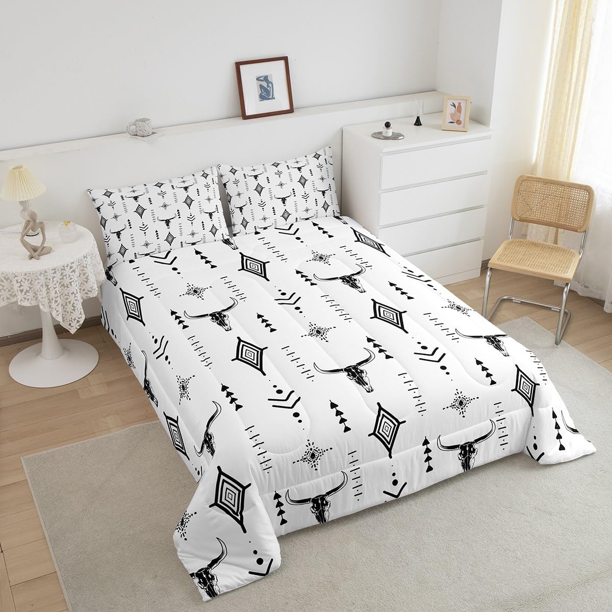 Erosebridal Western Aztec Comforter Set Queen Size Bull Skull Bedding Set for Teens Young Boho Cow Head Comforter Geometric Minimalist Art Bedroom Decor Abstract Horns Black White Duvet Quilt